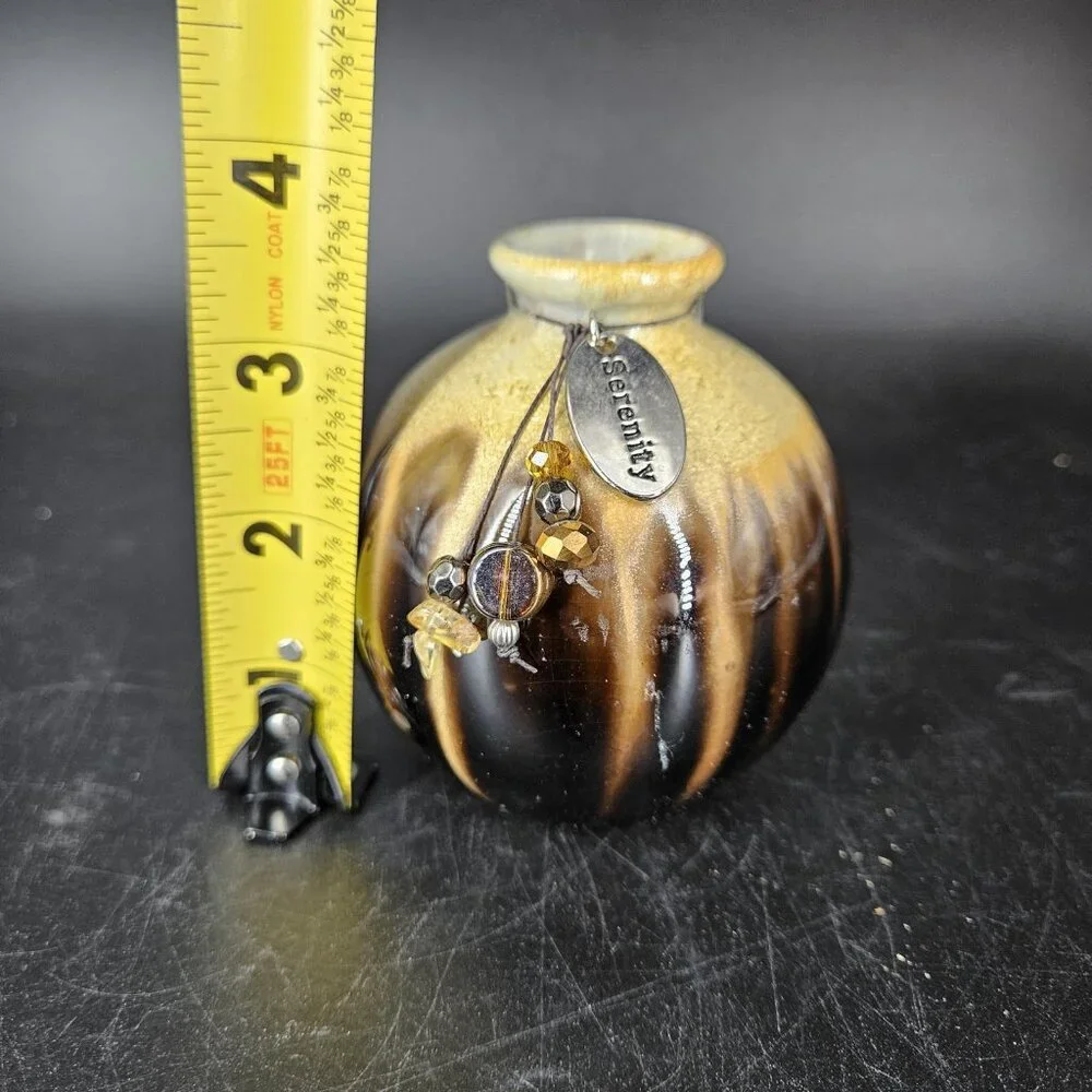 Ceramic Bud Vase Drip Glaze Brown Black Tan Mini Round Serenity Charm Incense 3